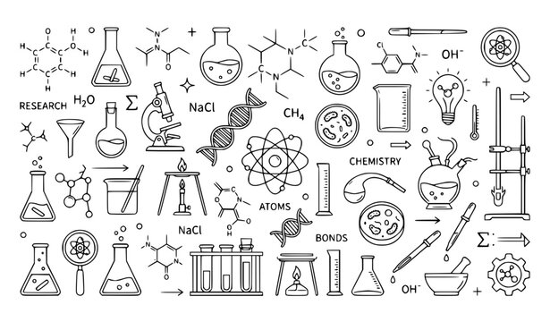 Chemistry Science, Laboratory Research, and Education Minimalist Line Art Doodle Icon Set Featuring Flasks, Molecular Formulas, Microscopes, Atoms, and Experiment Equipment for Biotech Branding