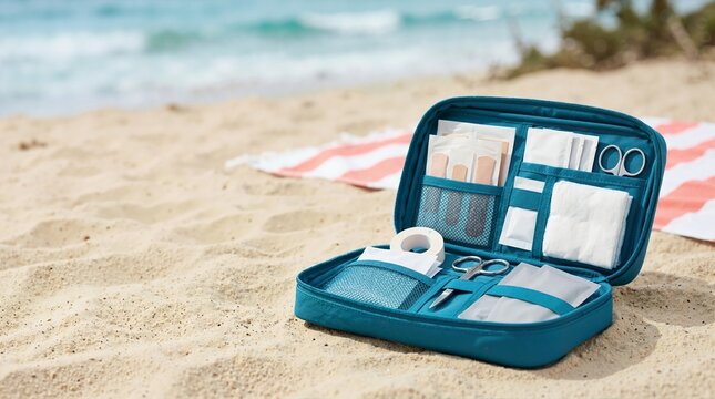 Open teal first aid kit with medical supplies on a sandy beach. Emergency health care equipment for safe summer travel and vacation