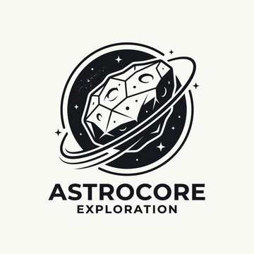 Detailed asteroid or space rock orbiting with stars and ring in a circle, 'Astrocore Exploration' logo concept on isolated white background.