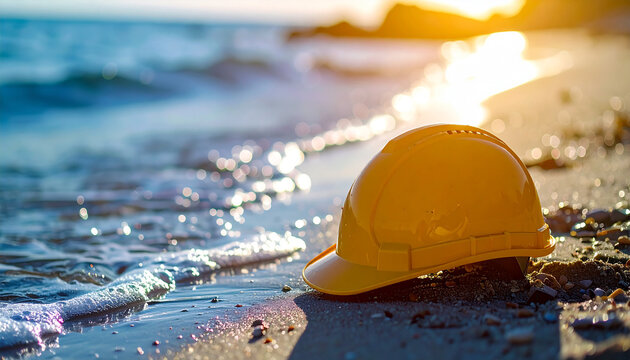 Yellow construction hard hat resting on tropical sandy beach with turquoise ocean water. Contrast of work and relaxation. Close-up.