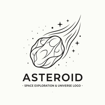 Dynamic outline asteroid comet with stardust trail and stars, logo concept on isolated white background.