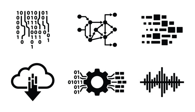 Abstract Digital Data Icons Set: Binary Code, Network, Cloud Download, Algorithm, Sound Wave, Technology Concepts