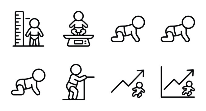 Baby Development Milestones Icons: Growth, Crawling, Standing, Weight, Charts. Vector Set for Health, Parenting, Childcare.
