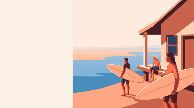 Minimalist Vector Illustration of Surfers with Surfboards at a Coastal Beach House; Summer Travel and Surf Lifestyle Concept with Copyspace