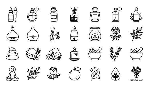 Aromatherapy, Essential Oils, and Spa Wellness Minimalist Line Art Icon Set Featuring Diffusers, Scented Candles, Perfume Bottles, Hot Stones, and Botanical Elements for Holistic Branding