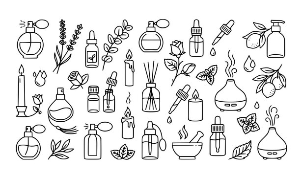 Aromatherapy, Essential Oils, and Perfume Bottles Hand-Drawn Doodle Icon Set Featuring Reed Diffusers, Scented Candles, Humidifiers, and Botanical Elements for Wellness Branding