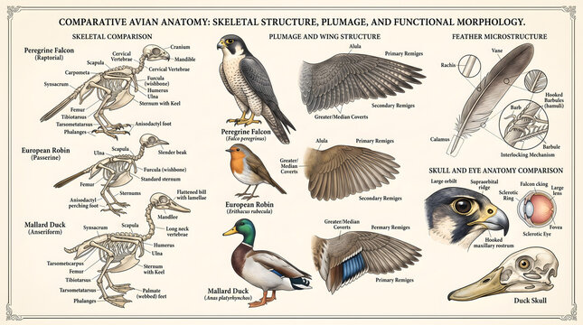 Detailed comparative avian anatomy showcasing intricate skeletal structures
