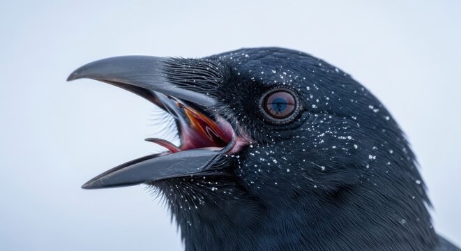 Black bird, crow, raven, snow, close-up, animal head