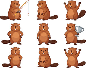 Fototapeta premium Cute Cartoon Beaver Character Set with Various Poses and Activities Including Fishing, Holding a Trophy, and Waving for Children Graphic Designs