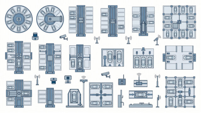 Top View Autonomous Parking Infrastructure CAD Vector with Robotic Parking Towers, Automated Vehicle Storage Systems and Smart Blueprint Elements