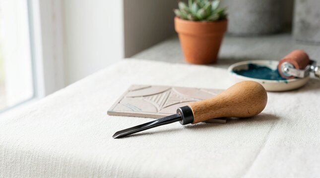 Wooden handle carving tool for block printing on a fabric surface. Linocut printmaking workspace with carved stamp and ink roller