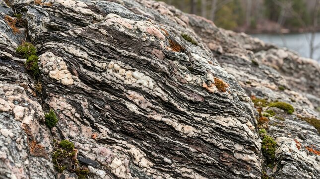 Close up of biotite gneiss rock showing foliated texture and mineral banding. Metamorphic geological formation with moss and lichen