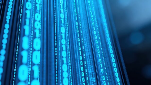 Binary code streams in blue light