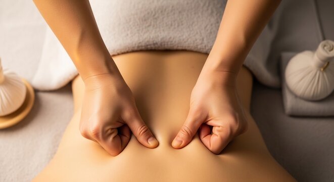 Close-up of a therapist massaging a persons lower back with herbal compresses nearby.