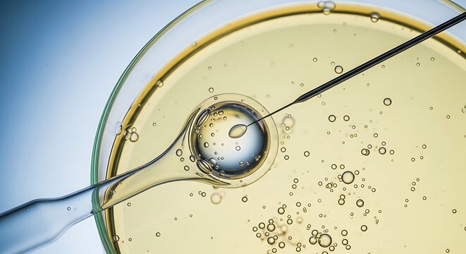 Microscopic view of in vitro fertilization with needle injecting into an egg cell