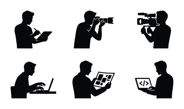 Silhouette Icons: Photographer, Videographer, Coder, Designer, Writer, Business Professional Set