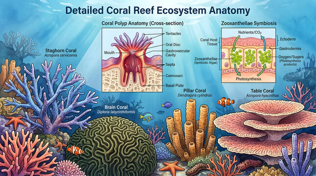 Detailed Coral Reef Ecosystem Anatomy with Microscopic Views of Polyps and Zooxanthellae