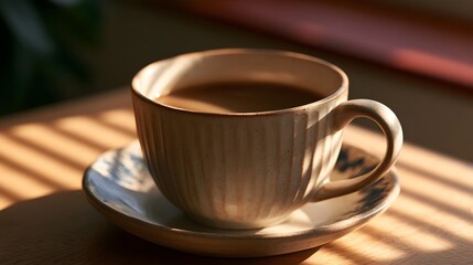 Fototapeta premium A close up shot of a rustic coffee mug bathed in soft morning light conveying a warm and cozy atmosphere