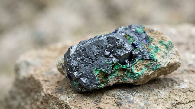 Close up of a rough chalcocite ore specimen with green malachite. Natural metallic copper sulfide mineral rock on a blurred background