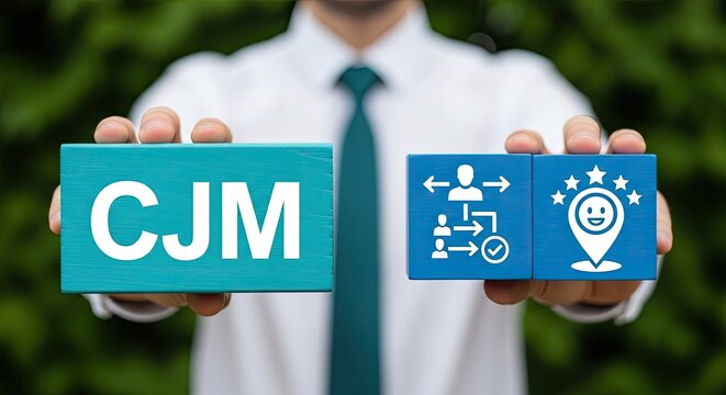 Businessman holding CJM customer journey map blocks with icons for marketing strategy and customer experience