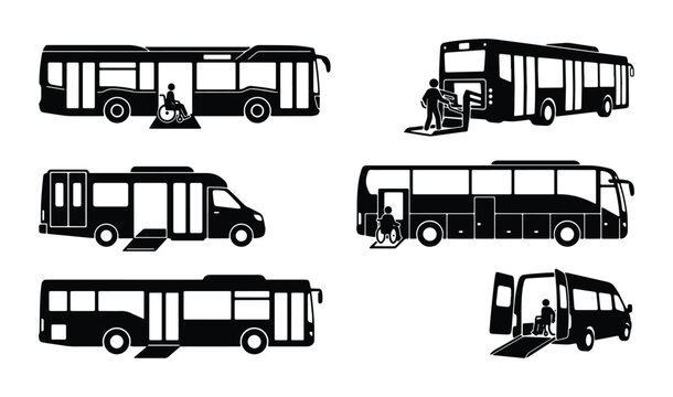 Accessible Public Transport Icons: Wheelchair Bus, Van, and Shuttle Vector Set for Mobility Solutions