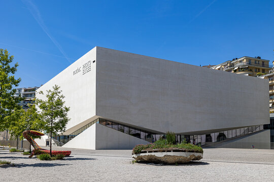 Lausanne, Switzerland - May 25. 2026: The Museum Mudac Photo Elysee. Contemporary Design and Applied Arts. On the left stands a sculpture Coata II, by Javier Senosiain and Enrique Cabrera,