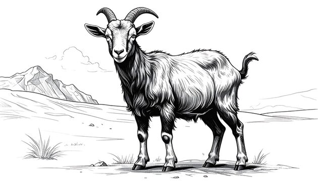 A black and white illustration of a goat with curved horns in a desert-like mountainous landscape