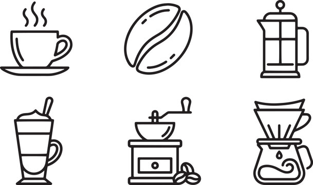 Minimalist coffee brewing concept line icons set featuring espresso cup, bean, French press, grinder, latte, and pour over dripper vector.