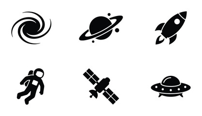 Cosmic Icons Set: Black Galaxy, Saturn, Rocket, Astronaut, Satellite, UFO, Space Exploration Vector Graphics © Mahin