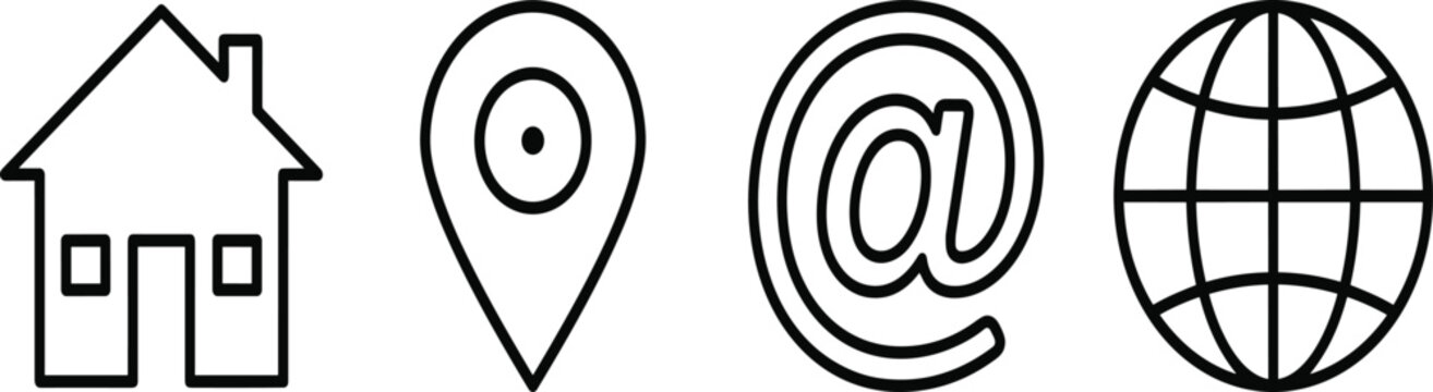Contact, us, website, icons, house, home, pin, location, map, email, address, internet, global, globe, vector, outline, business, communication, support, set.