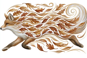Naklejka premium Artistic fox illustration with flowing autumn leaves on white background