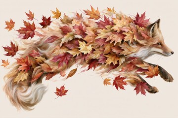 Naklejka premium Fox running with autumn leaves in its fur, against a light background