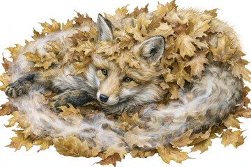 Naklejka premium Red fox curled in autumn leaves, illustration, white background, natural
