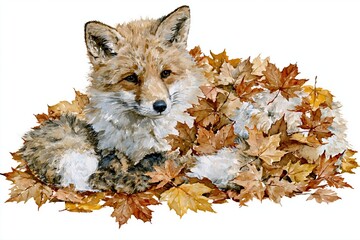 Naklejka premium Watercolor fox resting among fallen autumn maple leaves on white background