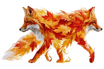 Naklejka premium Artistic watercolor illustration of a fox composed of vibrant autumn maple leaves in warm orange and red hues.