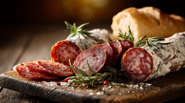 Traditional dry cured salami sausage sliced on rustic wooden board with rosemary, sea salt and bread. Gourmet delicatessen meat appetizer and food photography concept.