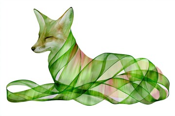 Naklejka premium Watercolor fox with green flowing ribbons against white background
