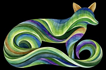 Naklejka premium Abstract watercolor fox illustration with flowing green and blue stripes on black