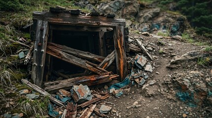 Fototapeta premium Collapsed entrance of an abandoned mine shaft. Weathered wooden timbers framing a dark tunnel on a rocky hillside