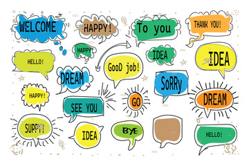 Colorful speech bubbles with various greetings and expressions © Raha@75