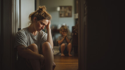 Fototapeta premium Exhausted mother sitting on the floor while a distressed child remains in the background. Parenting challenges, family stress, emotional wellbeing and mental health concept.