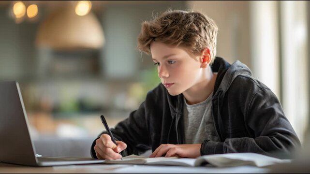 Concentrated young student writing notes in a textbook while doing homework with a computer at home
