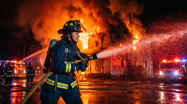 A brave firefighter in full protective gear spraying water from a hose to battle a raging fire at night.