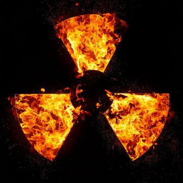 Fire forming nuclear trefoil shape, visible flame textures and sparks, deep black background. Close-up.