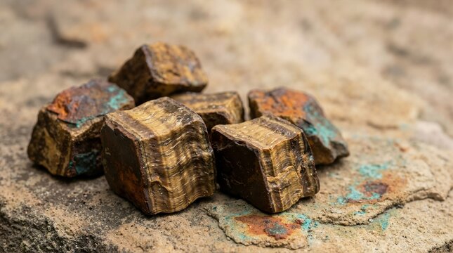 Rough tiger eye gemstone specimens showing chatoyant bands. Raw unpolished golden brown mineral stones on a textured rock surface