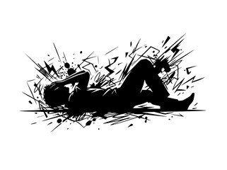 Silhouette of stressed person lying down with explosion of lines and dots © Kamis