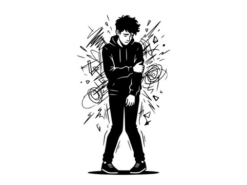 Anxious Teenager Feeling Overwhelmed and Stressed, Black and White Illustration