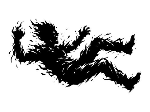 Silhouette of a person falling apart into flames, abstract despair concept