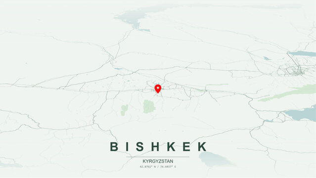 Modern minimalist vector map of Bishkek, Kyrgyzstan. High-quality scalable illustration of Bishkek city grid, Chuy Canal, Kyrgyzstan Ala-Too mountain contours for posters design.