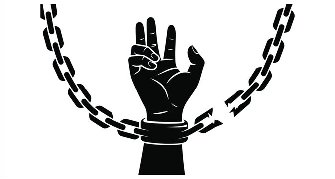 Hand Breaking Free from Broken Chain Silhouette Symbolizing Freedom and Liberation